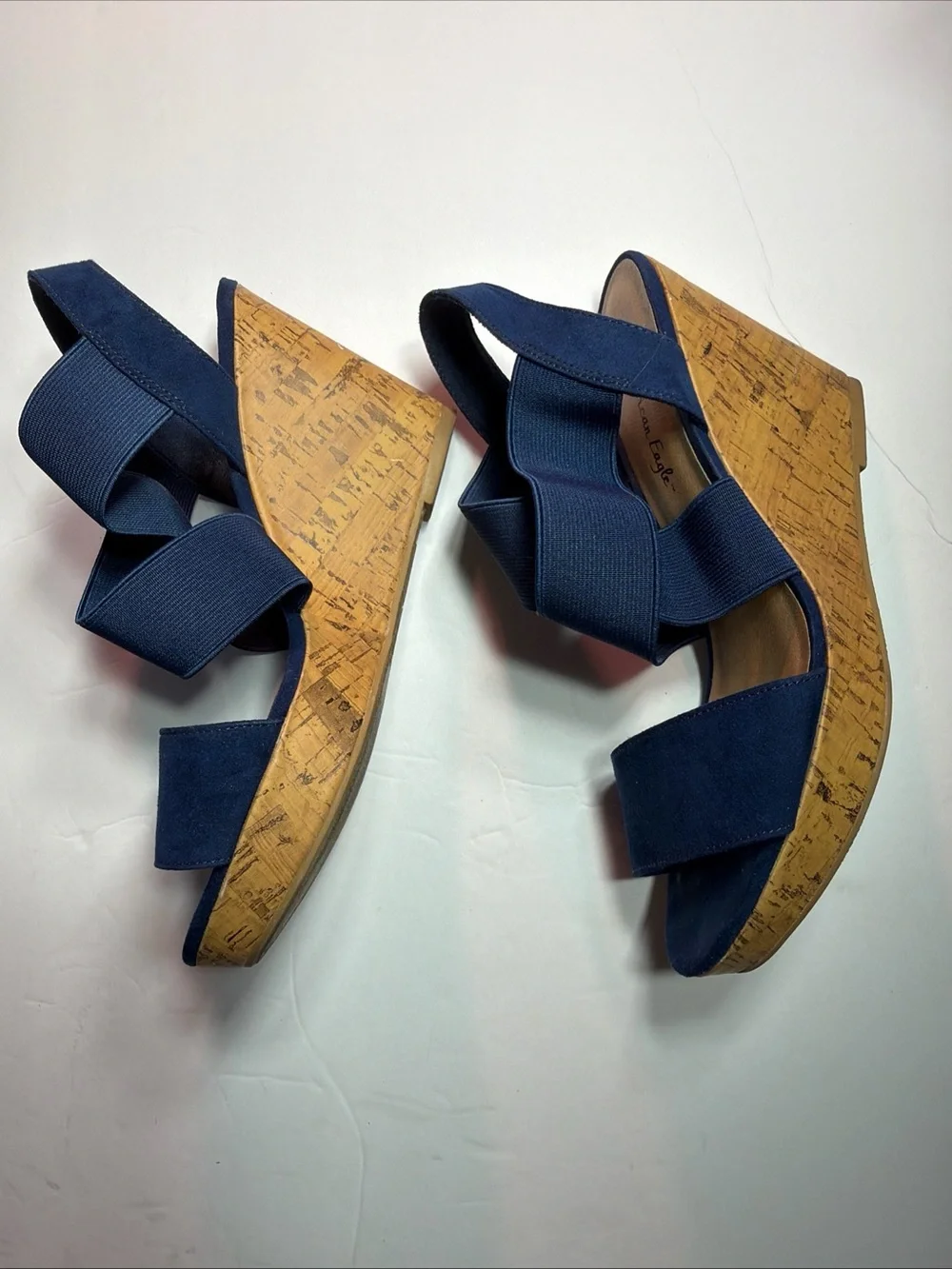 American Eagle Outfitters Navy Wedge Sandals with Elastic Crossover Straps
